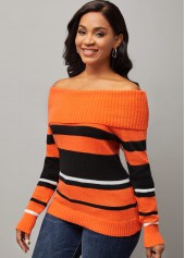 Striped Off Shoulder Long Sleeve Orange Sweater