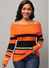 Striped Off Shoulder Long Sleeve Orange Sweater