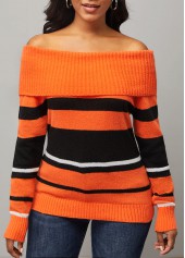 Striped Off Shoulder Long Sleeve Orange Sweater