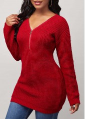 Zipper Detail V Neck Red Long Sleeve Sweater