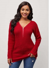 Zipper Detail V Neck Red Long Sleeve Sweater