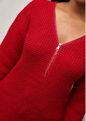 Zipper Detail V Neck Red Long Sleeve Sweater