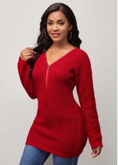 Zipper Detail V Neck Red Long Sleeve Sweater