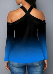 Blue Christmas Tree Print Cold Shoulder T Shirt