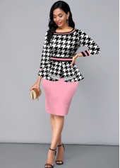 Houndstooth Print Pink Peplum Waist Dress