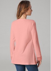 Lace Patchwork V Neck Pink T Shirt