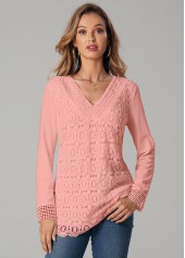 Lace Patchwork V Neck Pink T Shirt