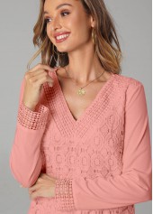 Lace Patchwork V Neck Pink T Shirt
