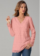 Lace Patchwork V Neck Pink T Shirt
