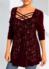 Christmas Design Wine Red Sequin Velvet Stitching T Shirt