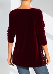 Christmas Design Wine Red Sequin Velvet Stitching T Shirt