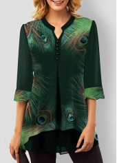 Peacock Feathers Print Split Neck Green Blouse
