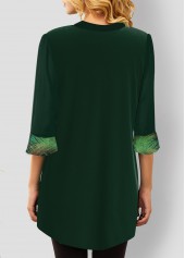 Peacock Feathers Print Split Neck Green Blouse