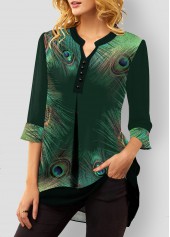 Peacock Feathers Print Split Neck Green Blouse