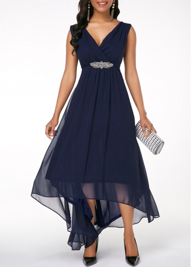 Rosewe Women Navy Blue Chiffon High Low Cocktail Party Dress Solid Color Sleeveless V Back Maxi Elegant Flowy Dress - XXL