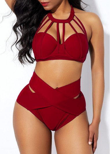 Women'S Wine Red Cage Neck High Waisted Bikini Swimsuit Cross Frint Two Piece Padded Underwire Bathing Suit By Rosewe - L