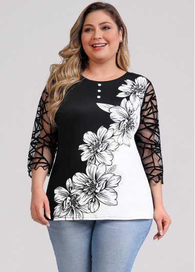 Rosewe Mesh Stitching Floral Print Black Plus Size T Shirt - 2XL