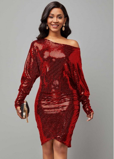 Rosewe Cocktail Party Dress Red Skew Neck Shining Crossover Hem Dress - M