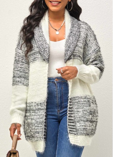 Rosewe Open Front Turndown Collar Color Block Cardigan - M