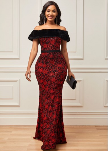 Rosewe Cocktail Party Dress Off Shoulder Hot Stamping Red Sequin Mermaid Dress - M