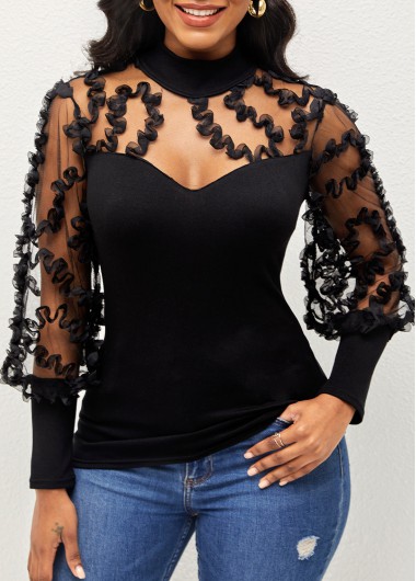 Rosewe Black Lace Patchwork Long Sleeve T Shirt - S