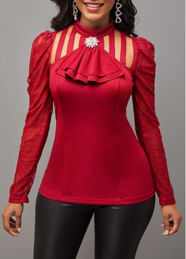 Rosewe Lace Stitching Ladder Cutout Wine Red T Shirt - M