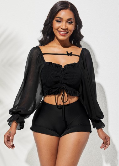 Rosewe Mid Waist Flounce Black Long Sleeve Bikini Set - L