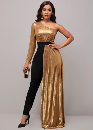 Rosewe One Sleeve Skew Neck Color Block Overlay Jumpsuit - XXL