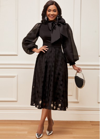 Rosewe Black Dresses Lantern Sleeve Bowknot Mock Neck Black Dress - XL