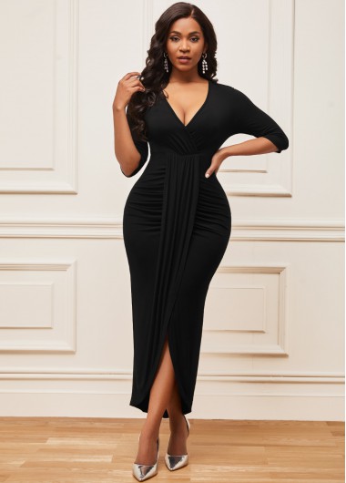 Rosewe Black Dresses Black Front Slit Hem V Neck Dress - S