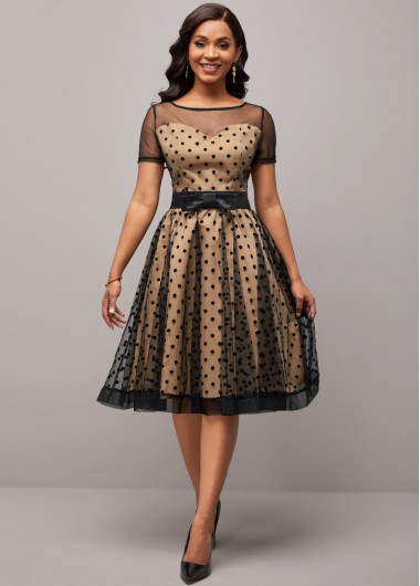 Rosewe Cocktail Party Dress Mesh Polka Dot Short Sleeve Khaki Dress - XXL