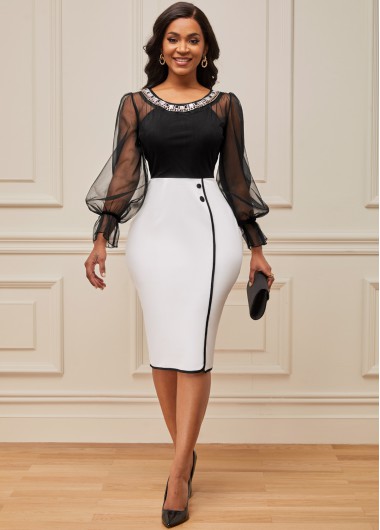 Rosewe Cocktail Party Dress Mesh Stitching Color Block 3/4 Sleeve Dress - M