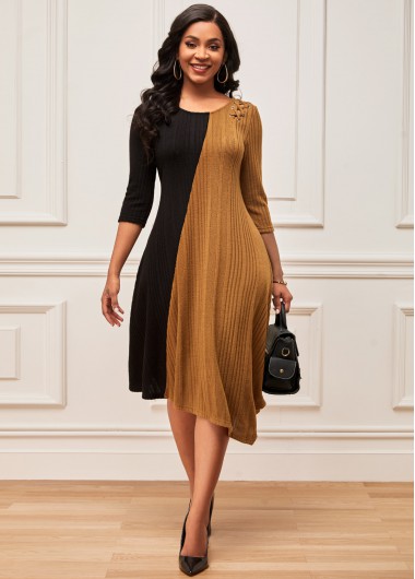 Rosewe Cocktail Party Dress Color Block Asymmetric Hem 3/4 Sleeve Dress - M