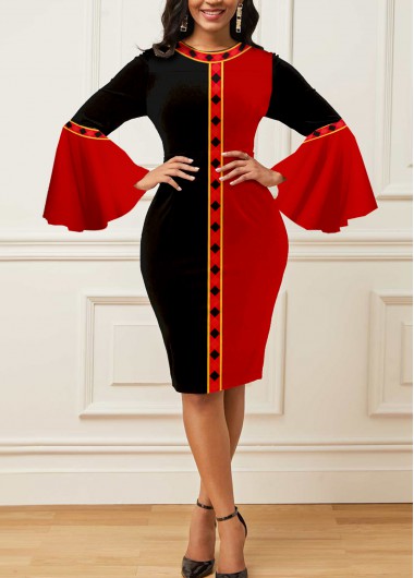 Rosewe Cocktail Party Dress Color Block Tribal Print Round Neck Dress - S