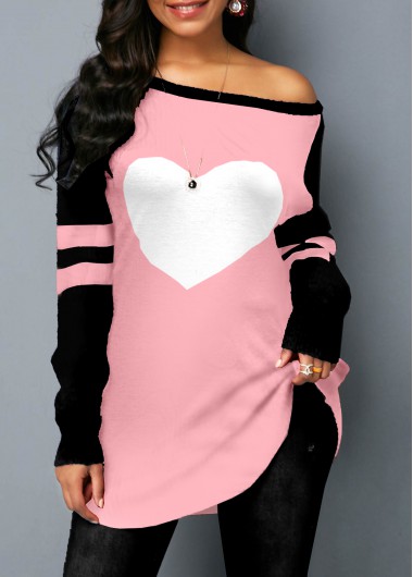 Rosewe Pink Heart Print Long Sleeve Sweatshirt - M