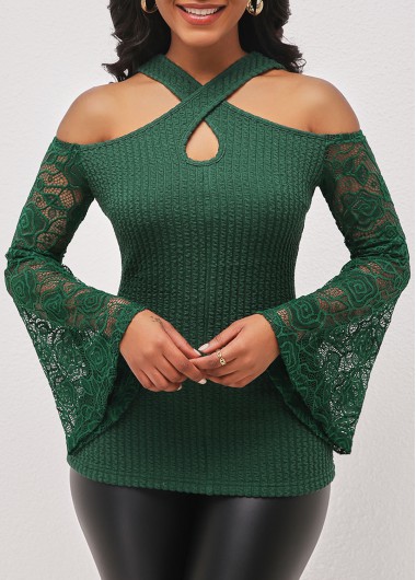Rosewe Lace Stitching Blackish Green Cold Shoulder T Shirt - XXL