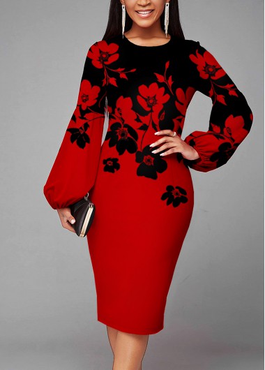 Rosewe Red Dresses Floral Print Long Sleeve Red Dress - XXL