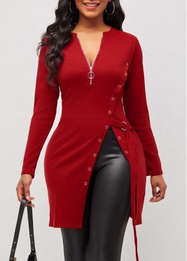 Rosewe Red Quarter Zip Grommet Side Slit Blouse - M