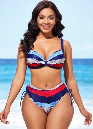 Color Block Drawstring Side Mid Waist Bikini Set