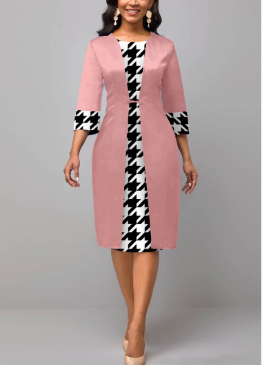 Rosewe Cocktail Party Dress Pink Houndstooth Print Round Neck Dress - S