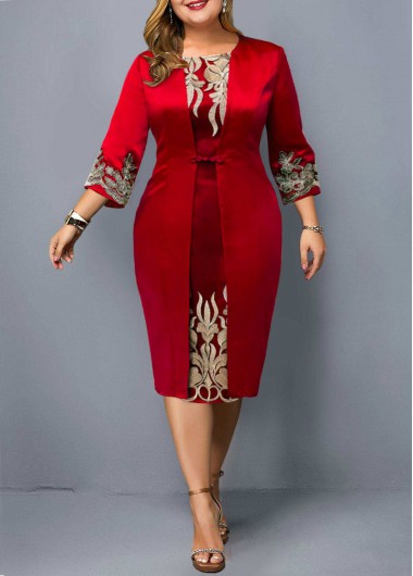Rosewe 3/4 Sleeve Faux Two Piece Red Plus Size Dress - 2X