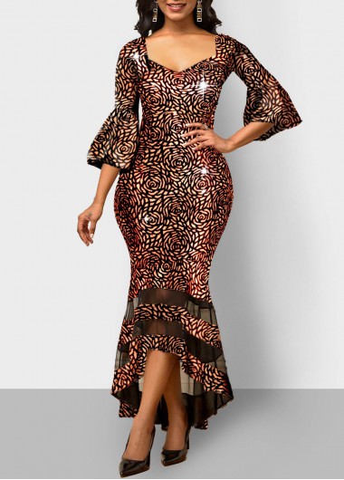 Rosewe Cocktail Party Dress Gold Brown Glitter Fabric Mesh Stitching Mermaid Dress - M