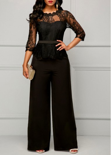 Women Black Work Jumpsuit Illusion Lace Wide Leg Three Quarter Sleeve Peplum Waist Scalloped Neckline Jumpsuit By Rosewe - S