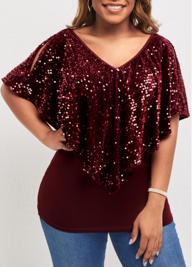 Rosewe Plus Size Cold Shoulder Wine Red Sequin Blouse - 1X