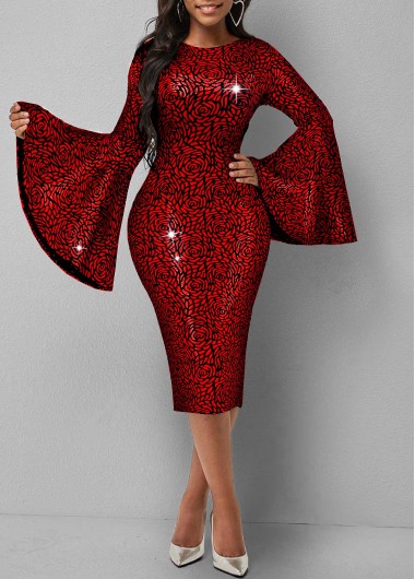 Rosewe Red Dresses Rose Print Glitter Fabric Red Flare Sleeve Dress - M