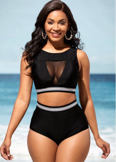 Black High Waisted Mesh Stitching Bikini Set