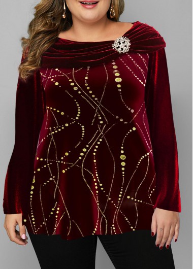 Rosewe Plus Size Wine Red Velvet Stitching T Shirt - 2X