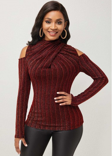 Rosewe Cold Shoulder Wine Red Glitter Fabric T Shirt - M