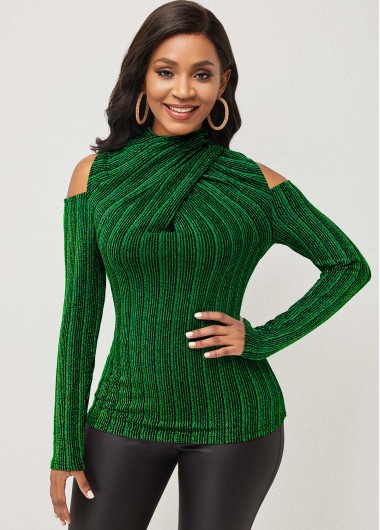 Rosewe Dark Green Cold Shoulder Glitter Fabric T Shirt - M