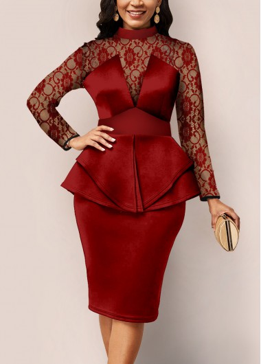 Rosewe Cocktail Party Dress Wine Red Lace Stitching Mock Neck Dress - S